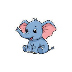 Cute baby elephant cartoon illustration, adorable blue calf sitting with happy expression, vector art.