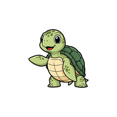Cute green cartoon turtle illustration, smiling baby tortoise with an outstretched flipper, happy character