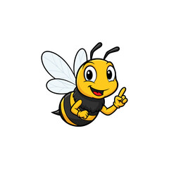 Cute cartoon bee mascot character, friendly honeybee smiling, pointing finger upwards, happy insect