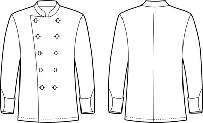 Cad drawing flat vector illustration, chef coat technical sketch, kitchen uniform fashion design, double breasted jacket template, culinary workwear outline