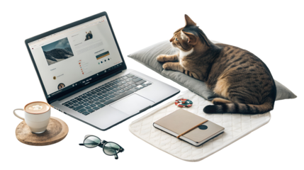 Cozy work from home setup featuring a resting tabby cat, open laptop, coffee mug, and notebook isolated on transparent background