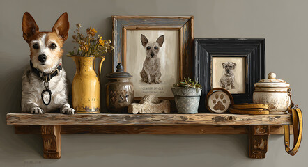 Pet memorial shelf with dog portraits, a paw print urn, and a leash. Remembering beloved dog and pet funeral concept.