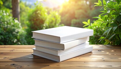 Stack of blank white books resting on a wooden table outdoors with a blurred green foliage background and a bright sunbeam illuminating the scene