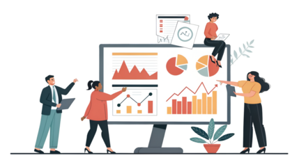 Diverse business professionals analyzing financial data visualization charts on a large monitor isolated on transparent background