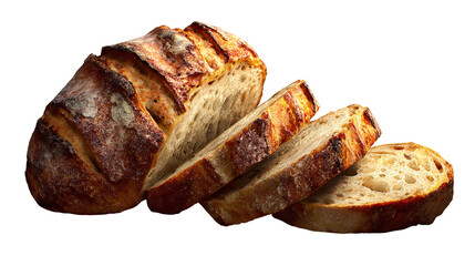 Artisan sourdough bread loaf, sliced and isolated on transparent background, showcasing its rustic crust and airy crumb, perfect for culinary and baking themes