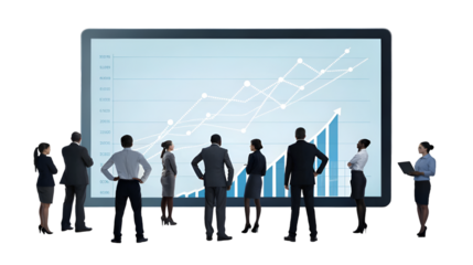 Diverse business team analyzing financial growth data and success metrics displayed on a large screen isolated on transparent background.