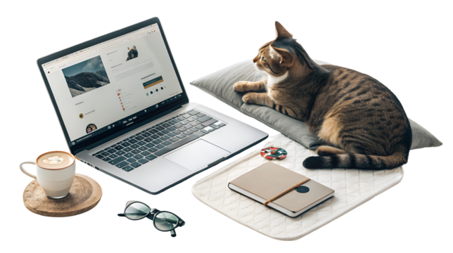Cozy work from home setup featuring a resting tabby cat, open laptop, coffee mug, and notebook isolated on transparent background - Powered by Adobe