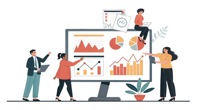 Diverse business professionals analyzing financial data visualization charts on a large monitor isolated on transparent background