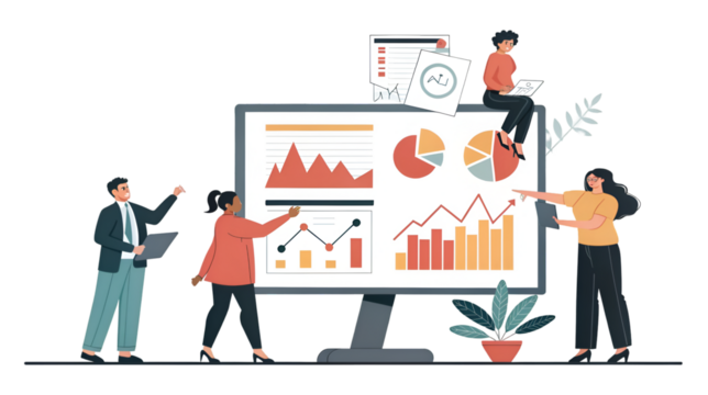 Diverse business professionals analyzing financial data visualization charts on a large monitor isolated on transparent background - Powered by Adobe
