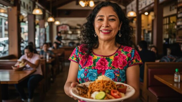Smiling woman presenting Mexican food in a lively restaurant.