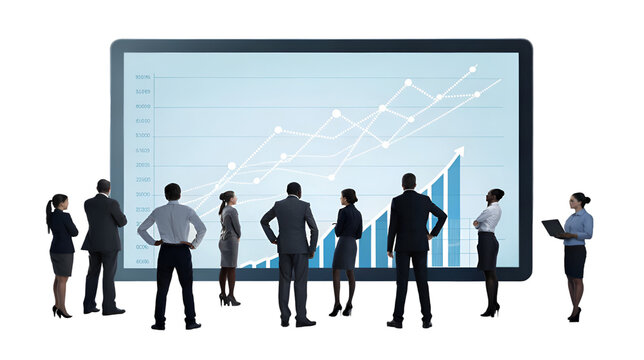 Diverse business team analyzing financial growth data and success metrics displayed on a large screen isolated on transparent background. - Powered by Adobe