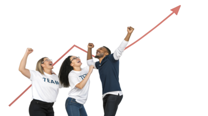 Diverse team celebrating success and achievement standing in front of a massive upward growth arrow isolated on transparent background