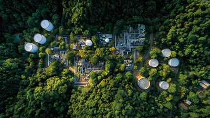 Aerial view of industrial plant with storage tanks nestled in a green forest as part of global energy infrastructure.