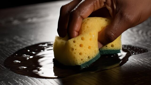 Hand Wipes Water Spill on Wooden Table With Sponge in Dark Lighting