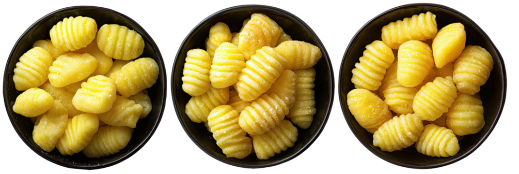 Three bowls of potato gnocchi, ready to serve