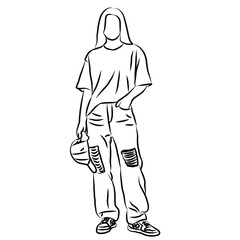 Line Art Ripped Jeans and Oversized T-Shirt
