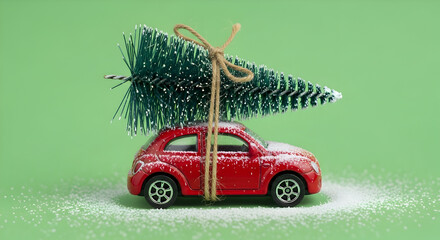 Red toy car carrying mini Christmas tree snowy effect cute holiday theme isolated on green screen