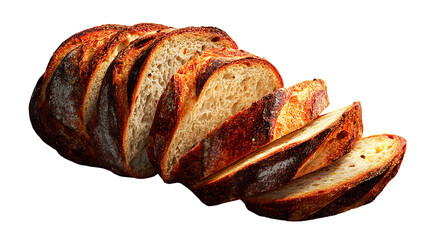 Freshly baked artisan sourdough bread, sliced and isolated on a transparent background, showcasing its crusty exterior and soft interior