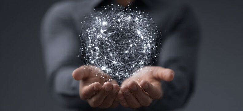 Hands holding a digital globe network