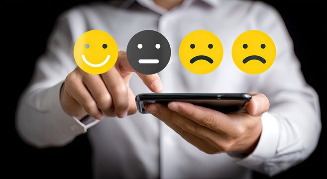 Businessperson interacting with feedback icons on a tablet