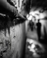 Closeup Dripping Water From Old Pipe In Underground Tunnel