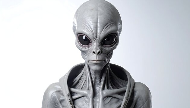 Grey alien with large black eyes stands against a light backdrop with a hood