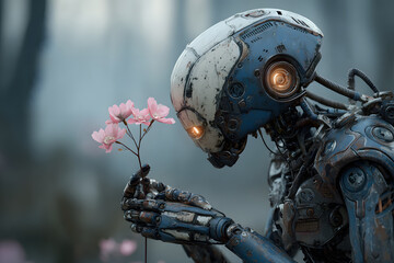 Robot in futuristic post apocalyptic landscape with glowing eyes looking at a flower. Artificial intelligence in a dystopian world.