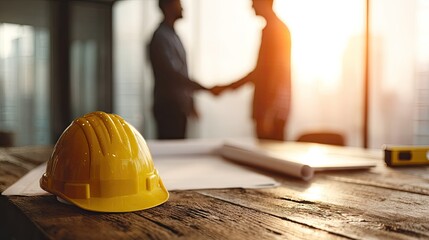 Business Deal Meeting In Office With Yellow Helmet On Wooden Table