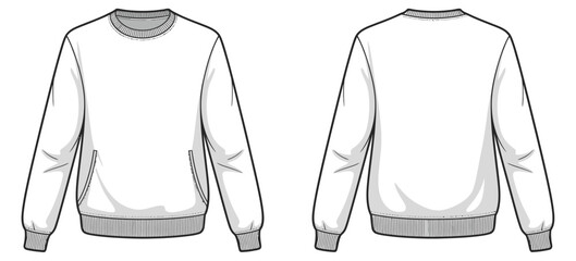 Technical flat vector illustration of long‑sleeve crewneck sweatshirt front and back view with ribbed cuffs hem neckline for fashion design mockups apparel template © Raxzen