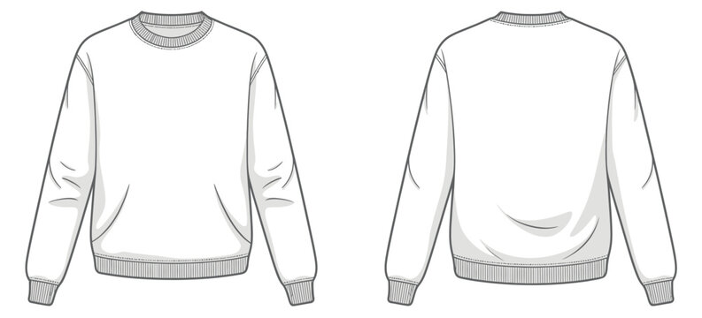 Technical flat vector illustration of long‑sleeve crewneck sweatshirt front and back view with ribbed cuffs hem neckline for fashion design mockups apparel template