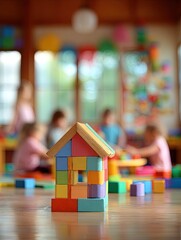 Colorful Building Blocks House In Classroom Play Area