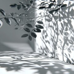 Elegant Gray And White Shadowy Leaves On White Background
