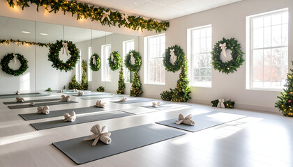 Elegant yoga studio with festive holiday decorations, a serene setting for mindful practice, promoting personal reflection and positive intentions for well-being