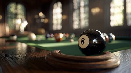 Close Up Of 8 Ball On Pool Table In Dark Room