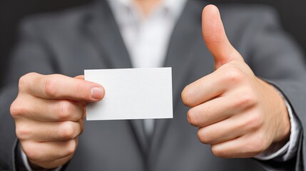 Businessman Holding Business Card With Thumbs Up
