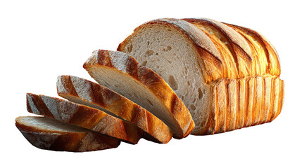 A freshly baked loaf of artisan sourdough bread, sliced and isolated on a transparent background, showcasing its rustic crust and soft crumb