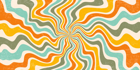 Retro radial background with pattern of groovy spiral wavy rays. Psychedelic summer bg. 70s abstract striped poster. Funky sunburst backdrop. Vector illustration