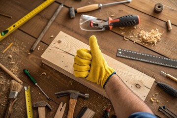 Craftsmanship Confidence: A carpenter's hand, adorned in a protective glove, gives a thumbs-up of approval over a wooden plank, surrounded by an array of tools on a textured surface.