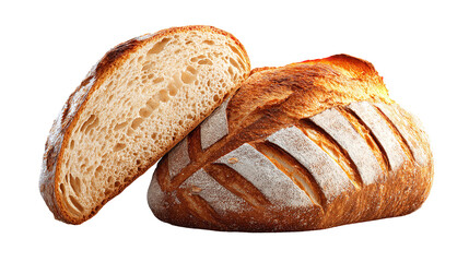 Artisan sourdough bread loaf with a slice cut off, showcasing its crust and crumb, isolated on a transparent background