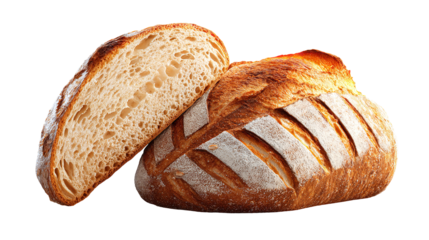 Artisan sourdough bread loaf with a slice cut off, showcasing its crust and crumb, isolated on a transparent background