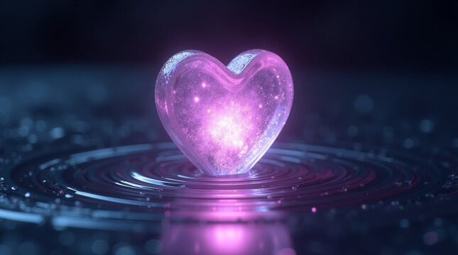 A luminous heartshaped crystal, radiating a soft, ethereal glow, rests delicately on a tranquil pool, its gentle ripples mirroring the hearts tender light, evoking feelings of love, peace, and serenit