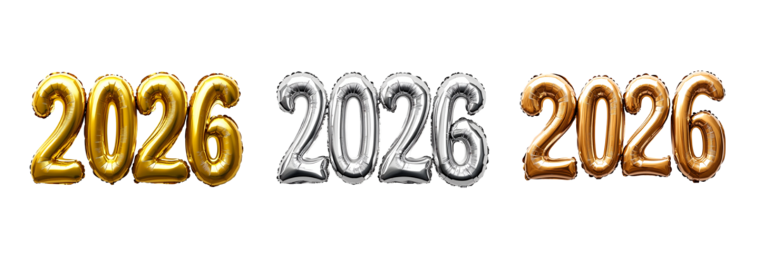 2026 New Year Festive Balloon Numbers in gold, silver, and bronze  on transparent background