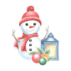 Snowman with lantern and Christmas tree balls watercolor illustration. Cute kids cheerful character for winter holiday design. Hand drawn isolated clipart for New Year children print, wrapping, card.