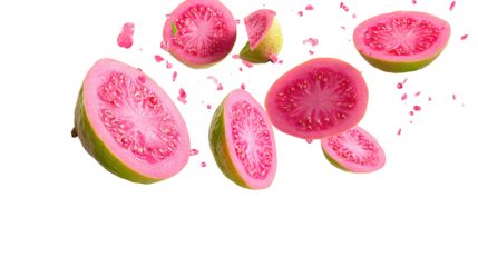 Isolated guava. Collection of green pink fleshed guava fruit pieces and leaves isolated on white background with clipping path
