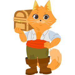 Orange Tabby Cat Pirate Character Wearing White Shirt Orange Sash Green Pants and Brown Boots Holding Wooden Treasure Chest Cartoon Style Isolated On Transparent Background