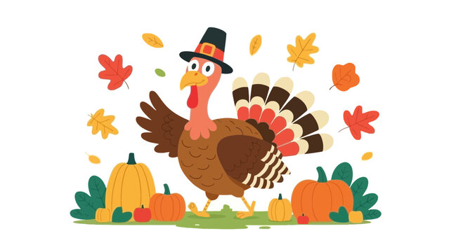 Happy thanksgiving turkey with pumpkins and autumn leaves