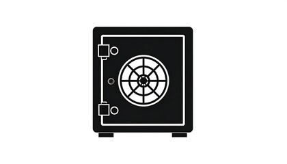 Black silhouette of a closed safe on a white background, featuring a round combination lock and sturdy hinges