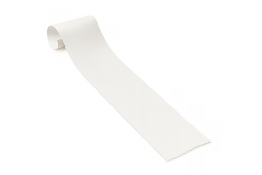 Blank paper receipt tape roll unrolling, showing long white empty bill for payment or shopping list concept on transparent background - Powered by Adobe
