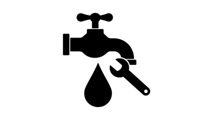 Black silhouette of a faucet with wrench fixing dripping water, set against a white background