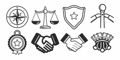 Fototapeta premium Illustration featuring a compass, scales of justice, shield, stanchion, medal, handshake, and crown icons